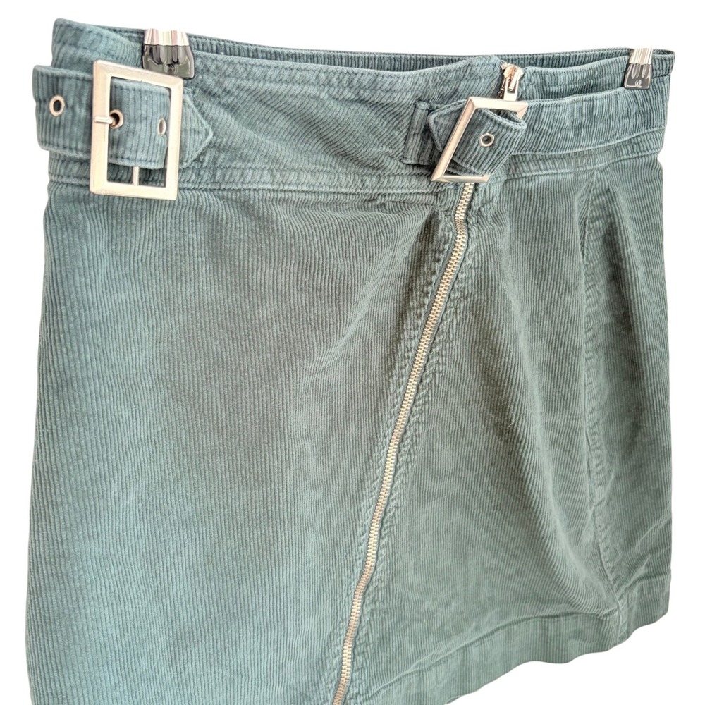 Urban Outfitters Corduroy Mini Skirt L Indie Teal Blue Asymmetrical Zip Buckle - Picture 2 of 6